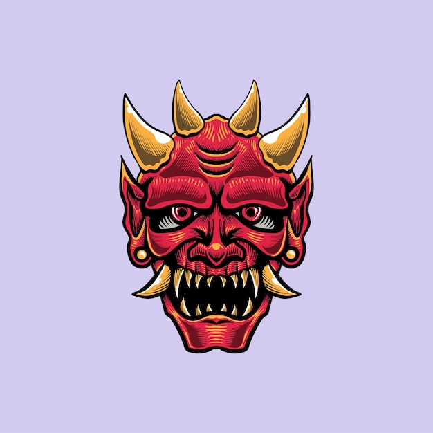 A red devil head with horns and gold horns.