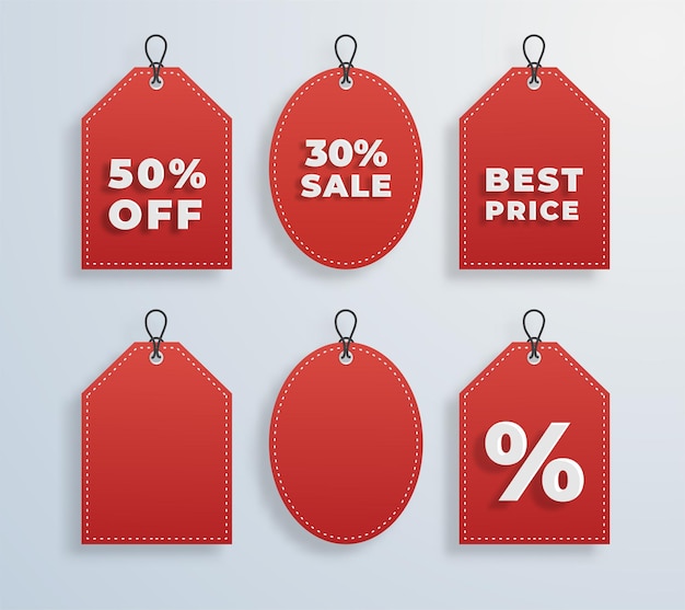 Vector red discount label with various shape price tag vector