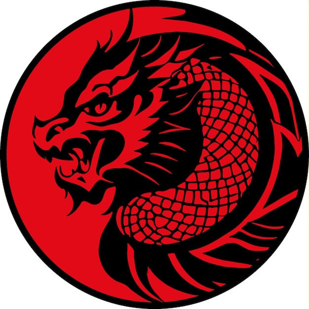 A red dragon with a black face and a red circle in the middle.