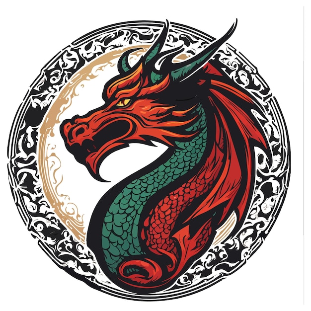 Vector a red dragon with a red face and a gold ring around it