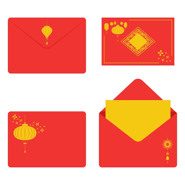 Red envelopes with lanterns vector set for Chinese New Year isolated on a white 