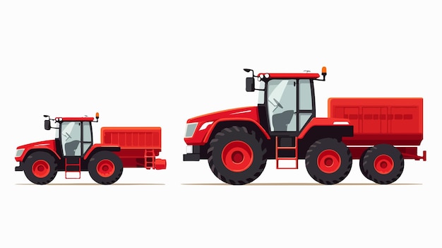 Vector red farm tractor with open trailer icon set isolated