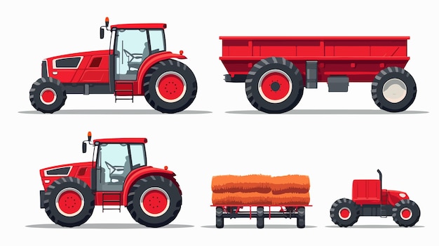 Vector red farm tractor with open trailer icon set isolated