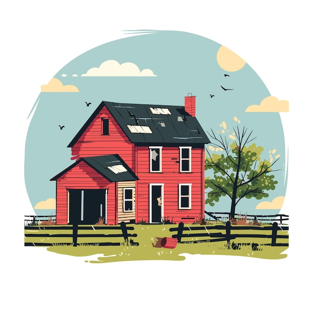 Vector red farmhouse countryside scene serene day damaged rooftop vintage house pastoral view