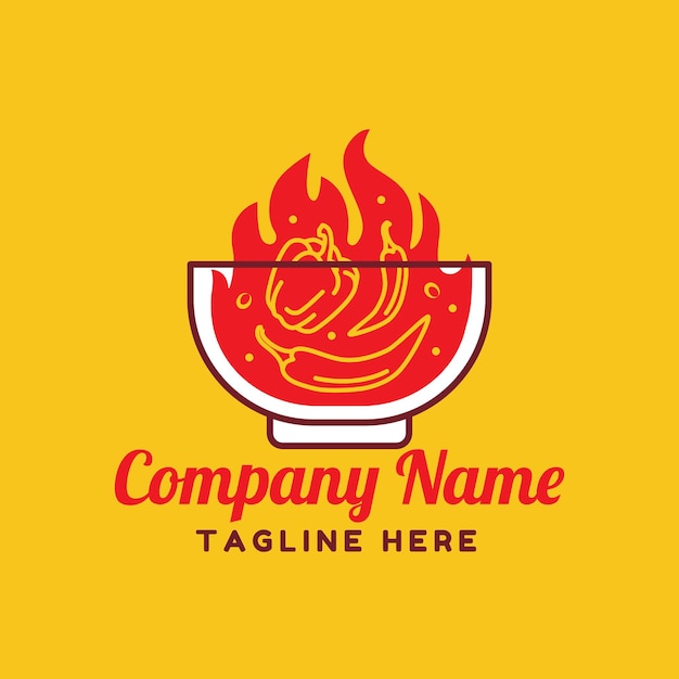 Red fire hot Chili and pepper with Bowl logo template on yellow background