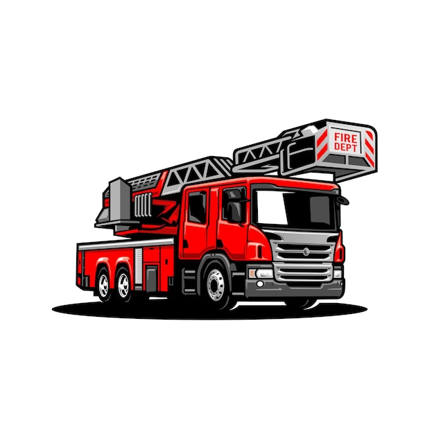 red fire truck, ladder truck illustration logo vector