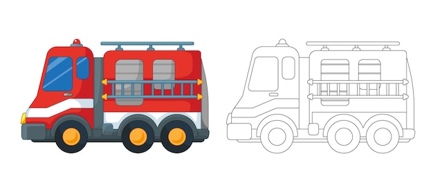 Red fire truck with outline and coloring book set Vector in cartoon style Isolated fun clipart