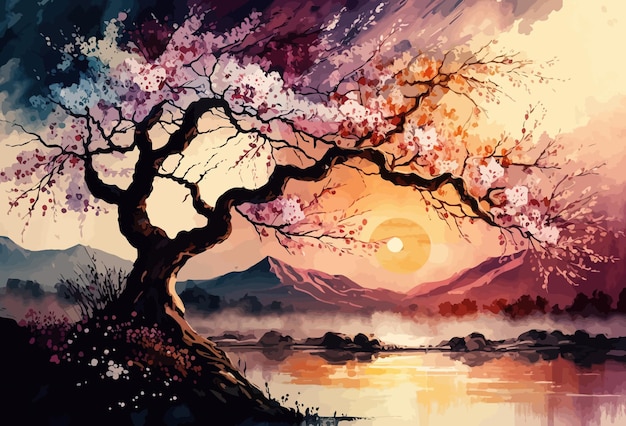 Red firmaments unfolded over the horizon line of gloomy shades Against this background the bright radiance of the sun cherry blossoms penetrating through the darkness vector illustration