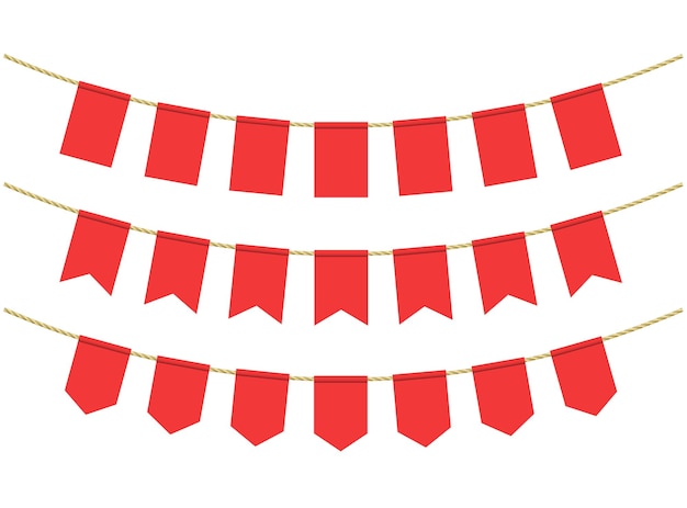 Red flags for decoration on white background. Bunting flags on the ropes