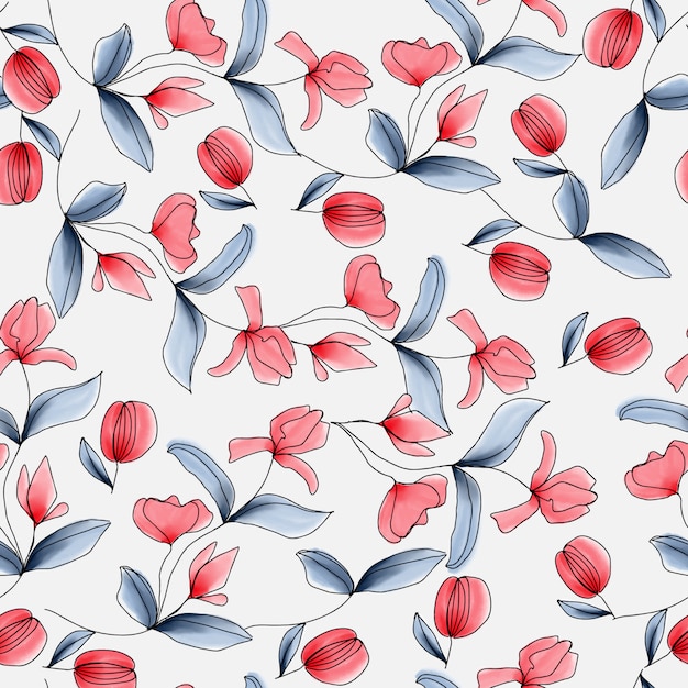 Red flower and blue leaves seamless pattern surface