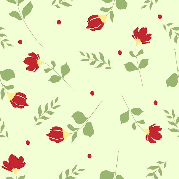 Red Flowers Dots and Leaves on light green background Seamless Pattern Mother's Day Easter