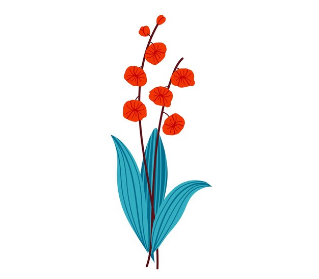 Red flowers with blue leaves on a white background simple botanical vector illustration for design