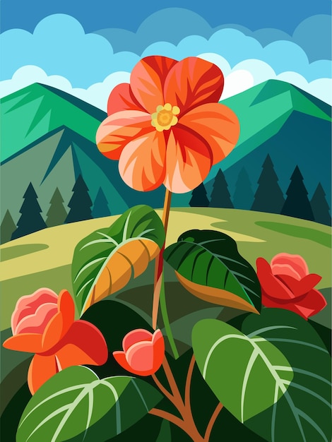 Red Flowers with Green Leaves Against a Mountain Landscape