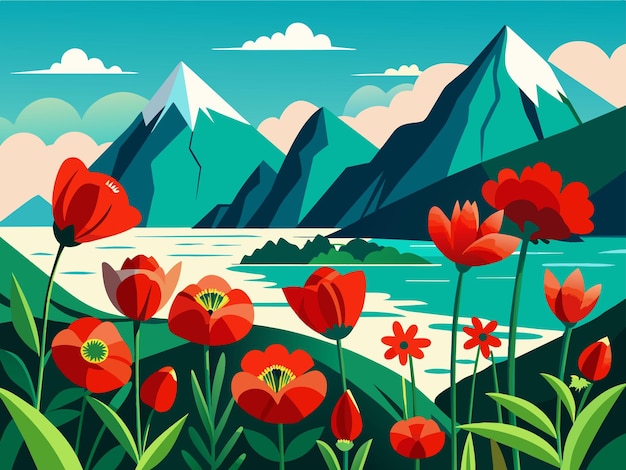 Vector red flowers with mountains in the background