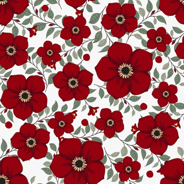 Red flowers wreath ivy style with branch and leaves, Seamless pattern