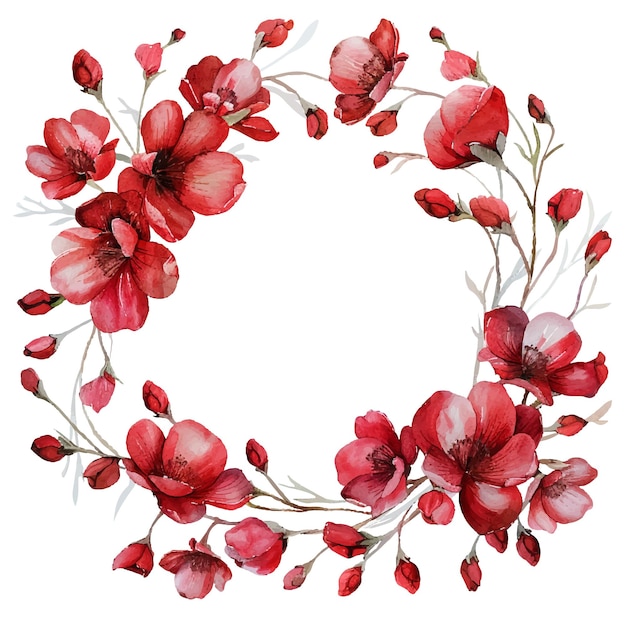 Vector red flowers wreath vector illustration in watercolor style