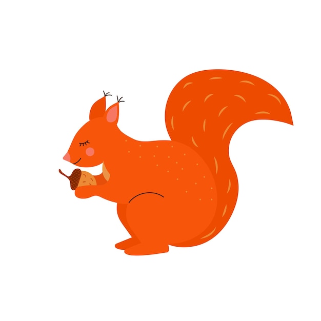 Red Fluffy Squirrel with Bushy Tail Holding Acorn Cartoon forest character