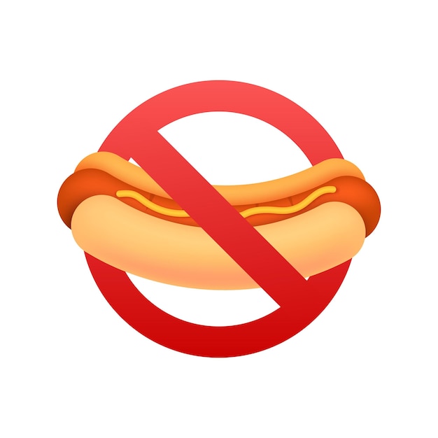 Red forbidden sign with no fast food Cartoon icon on white backdrop Sign forbidden Vector icon