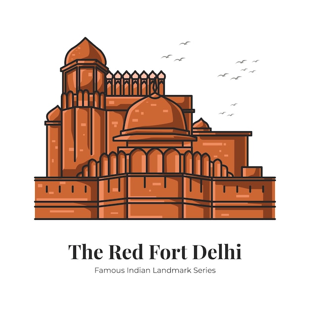 Red Fort Delhi Famous Indian Landmark Iconic Cartoon Illustration