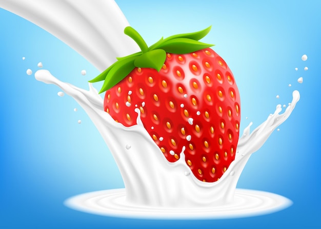 Red fresh strawberry in a splash of milk or yogurt Fresh berry falls into the milk 3d realistic vector illustration isolated on blue background Sweet food Organic fruit