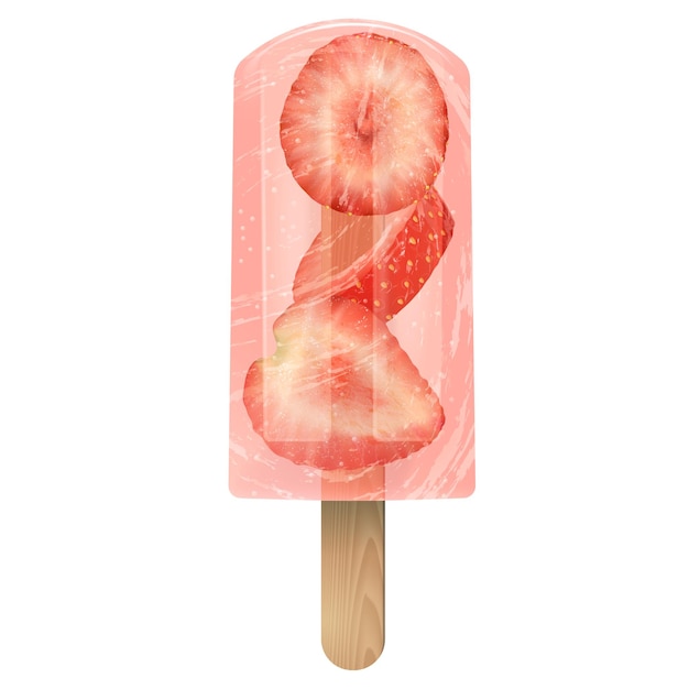 Red Fruit ice cream popsicle with strawberry. Realistic stock transparent vector illustration 3d on white background