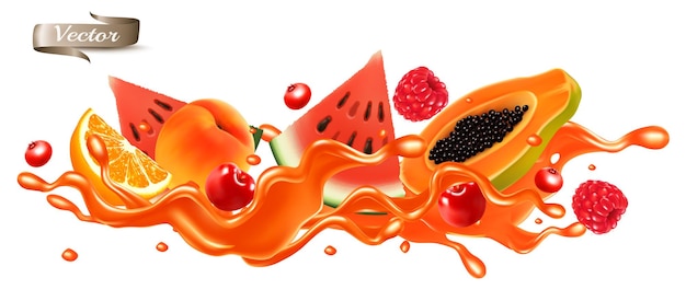 Red fruit juice splash wave Whole and sliced strawberry raspberry cherry papaya watermelon orange in a sweet syrup wave with splashes and drops isolated on transparent background 3D Vector