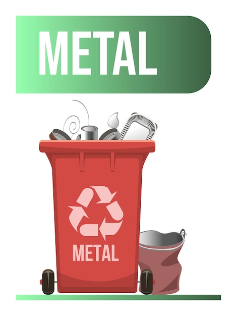 Red garbage container with separated metal waste. Waste management design template.