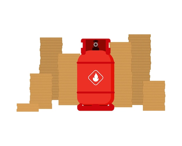 Red gas cylinder with coins. Flat style.