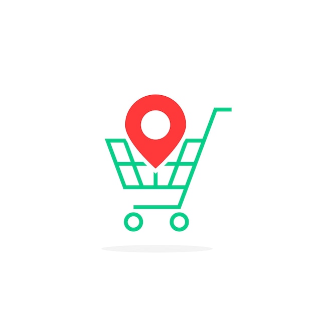 Red geotag icon with green shopping cart