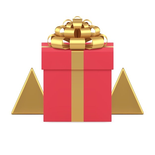 Red gift box metallic golden bow ribbon triangle pyramid minimalist Christmas tree 3d icon vector