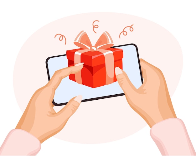 Red gift box with a bow in a mobile phone in hands. The concept of virtual congratulations.