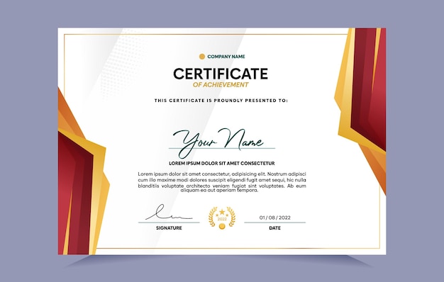 Red and gold certificate of achievement template. For award, business, and education needs