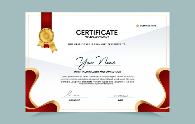 Red and gold certificate of achievement template set with gold badge and border