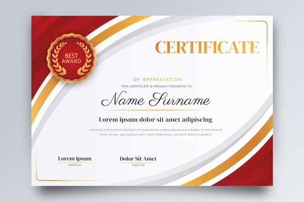 red and gold certificate of appreciation template with luxury badge