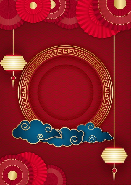 Red and gold happy chinese new year festival banner background design. Chinese china red and gold background with lantern, flower, tree, symbol, and pattern. Red and gold papercut chinese template