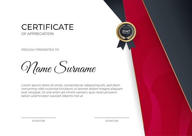 Red gold modern certificate of achievement template with futuristic business design concept