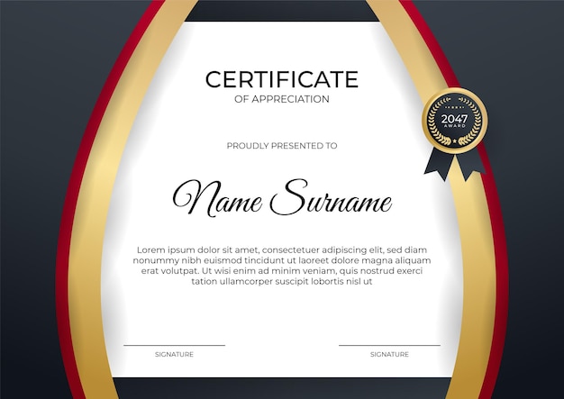 Red gold modern certificate of achievement template with futuristic business design concept