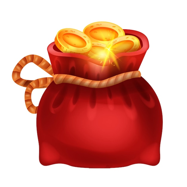 Red golden coin money bag vector isolated treasure sack pirate hidden RPG prize game gift icon