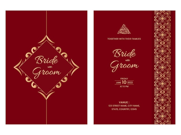 Red And Golden Color Arabic Invitation Cards For Islamic Wedding.