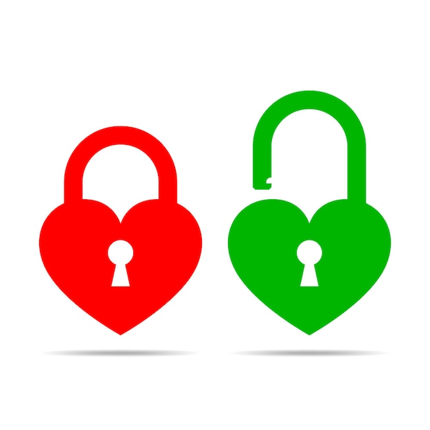 Red and gray lock icons, in the shape of the heart. Vector illustration. Heart lock icons on white background.