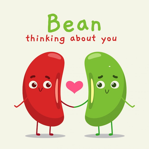 A red and green bean with text "bean thinking about you"