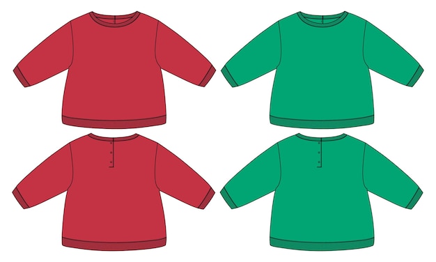 Red and green color Sweatshirt Technical Fashion flat sketch vector illustration template for kids