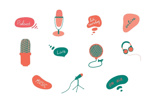 Red green elements for podcast and music studio design microphones headphones bubbles with words