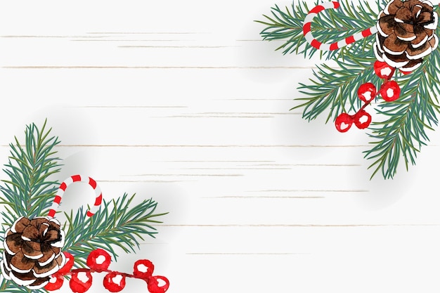 Red and green holiday and Christmas decoration on a white wood background with text space,