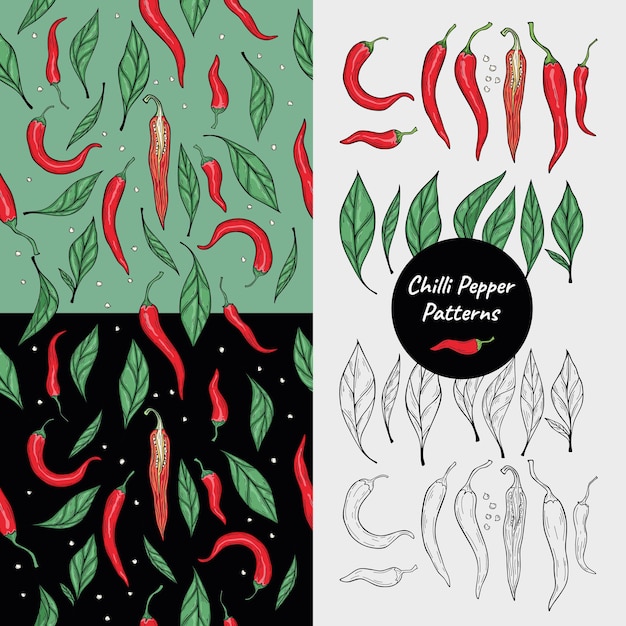 Red green hot chilli peppers seamless pattern Hand drawn close up spicy organic ingredient