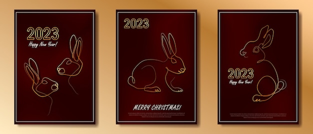 Red greeting cards with bunnies as Chinese traditional horoscope symbol. New year 2023 posters