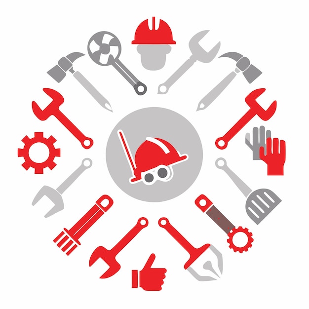 Red and grey construction tools arranged in a circle