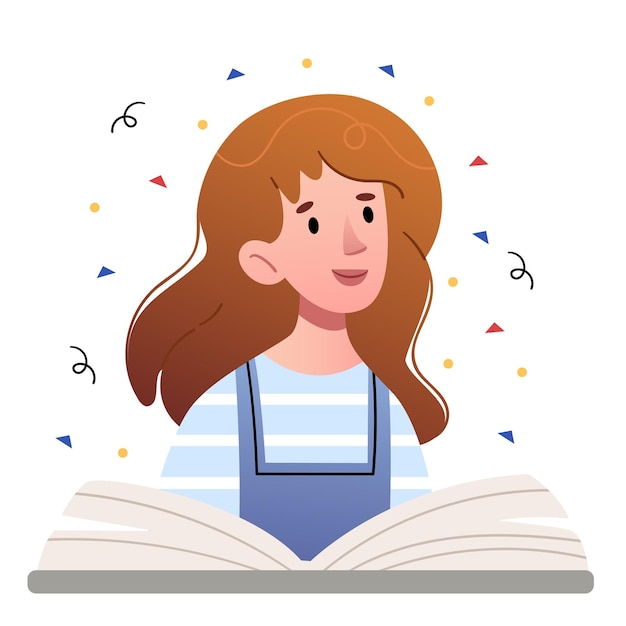 Red haired cute girl in denim overalls reads a big book.Student woman reading, learning.