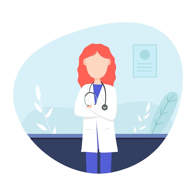 Red haired female doctor in her consultation with plants on blue background. Vector illustration