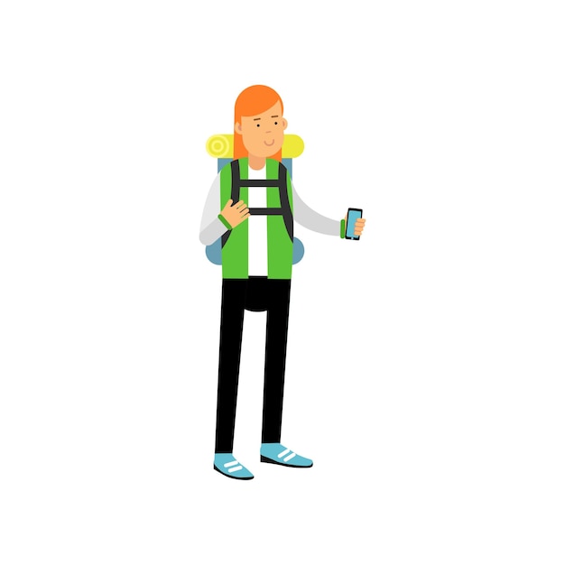 Red-haired girl in camping outfit with backpack on her shoulders standing and taking photo on smartphone. Camping or hiking design concept. Cartoon tourist character. Isolated flat vector illustration